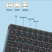 Keyboard with labeled keys for different operating systems on a light blue background